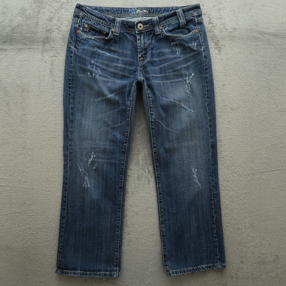 Miss Me Jeans Women's Size 31 Blue Low-Rise Straight Denim 27" Inseam Distressed